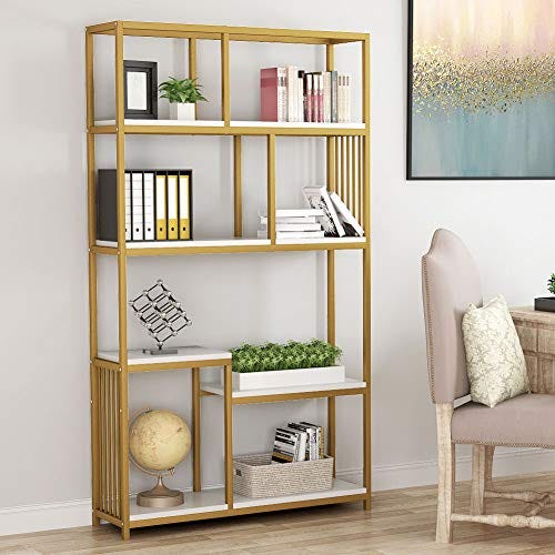 Tribesigns 7 Open Shelf Bookcases Etagere Bookcase with Gold