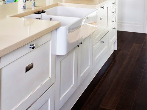 Modern kitchen with dark wood floors deals