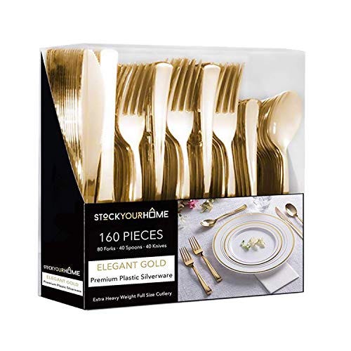 Gold Plastic Cutlery Set 160 Pack Disposable Silverware — 80 Forks, 40