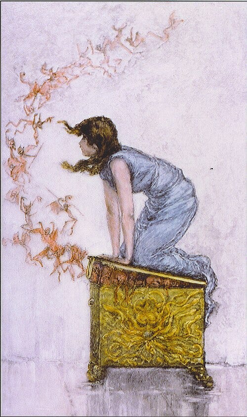 Engraving of the myth of Pandora based on a painting by F. S. Church