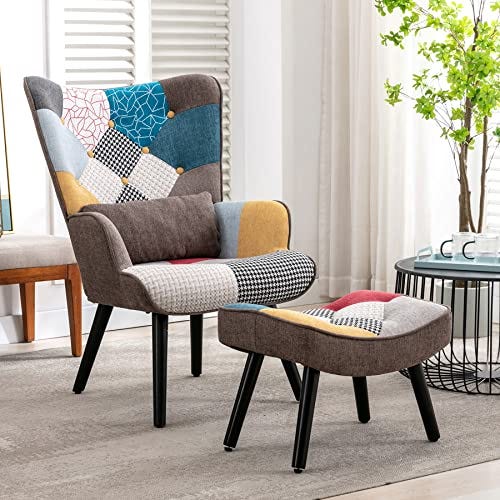 Accent Chair with Ottoman Multicolor Patchwork Living Room Armchair with  Footrest Wing Back Pillow Wooden Legs for… | by Mega Home | Medium