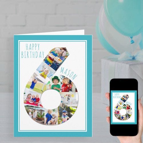 Hot Deals! Photo Collage Number 6 Boy’s 6th Birthday Card - Zabze - Medium