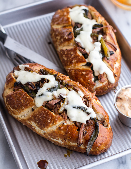 Cleveland Cheesesteaks with Pretzel Hoagie Rolls