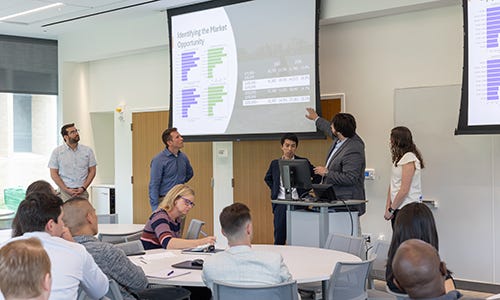 A group of students present to an audience.