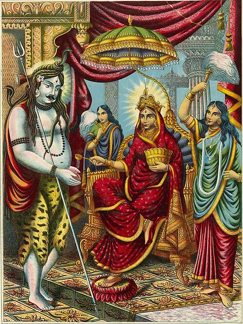 Parvati as Annapurna, giving food to Shiva, her husband (Image source- WIkimedia Commons)