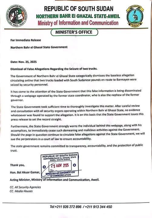 A press release signed by a Northern Bahr el Ghazal State government representative