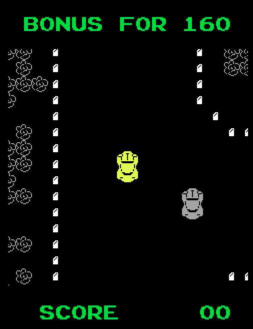 Screenshot of Atari’s Super bug, showing a top-down view of a yellow Volksagen Beetle driving on a monochrome road marked by white tubes
