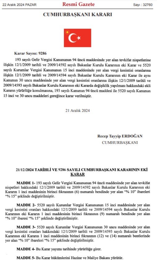 Temettü Gelirlerinden Alınan Tevkifat Kesintisi Oranı Artırıldı