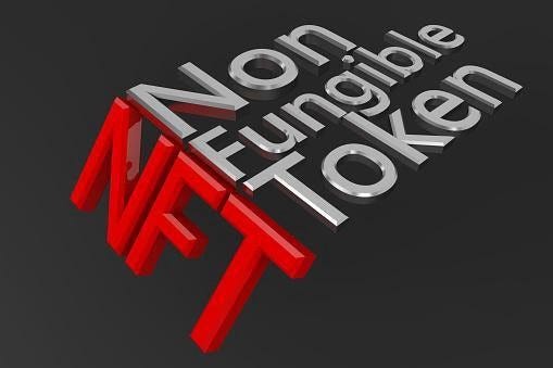 An image with words Non Fungible token in silver, NFT as its shadow in red on plain black background.