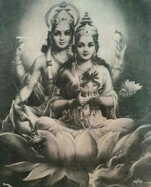 Black and white image depicting Maa Lakshmi seated on Shri Narayana’s lap. Image taken off web.