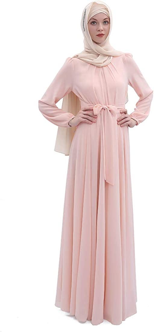 Women's Chiffon Kaftan Abaya Dress Muslim Long Sleeve Self Tie Flowy Maxi  Dress Islamic Evening Gown