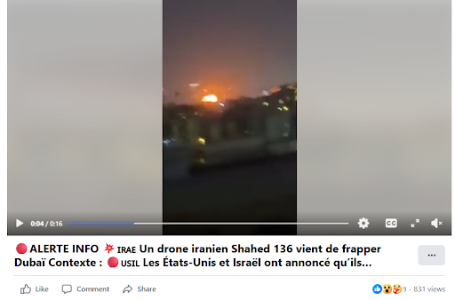 Users circulated a video falsely claiming it showed an Iranian Shahed 136 striking Dubai.