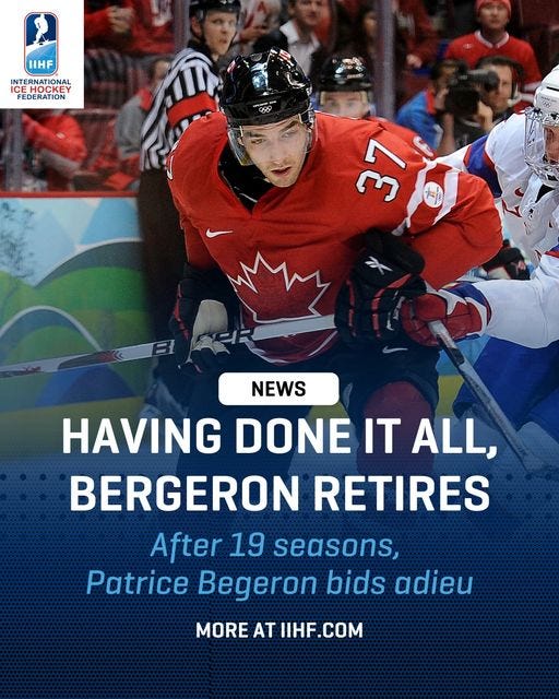 Boston Bruins' Patrice Bergeron announces retirement after 19 seasons