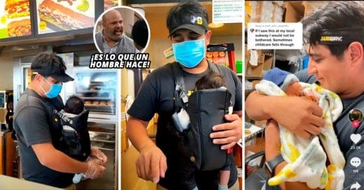 Porque es lo que un hombre hace: empleado de Subway carga al bebé de su compañera para ayudarle…