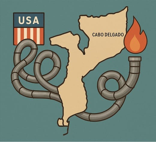 Figure 01. Image generated via DALL-E 3: Between Gas and Steel — A stylized map of Mozambique, with spiraling metallic pipes linking Cabo Delgado to US customs barriers — a visual metaphor for tariffs and dependency.