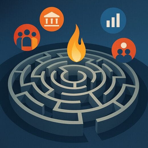 Figure 05. Image generated via DALL-E 3: A three-dimensional maze with symbols representing governments, corporations, and communities orbiting a central gas flame — a visual metaphor for the complexity surrounding the Mozambique LNG project.