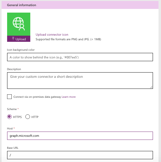 Create custom connector in Power Apps environment, step 1 - Cloudatica example