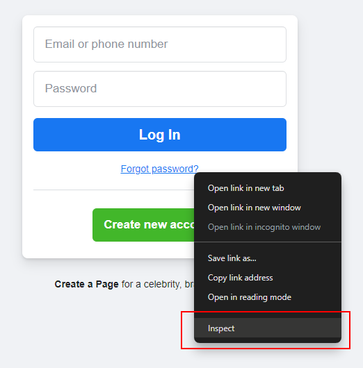 Screenshot of Facebook’s home page with the context menu displaying for the “Forgot password?” link. The “Inspect” menu item is highlighted.