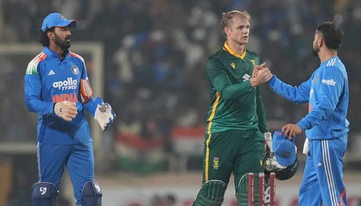 Winmatch: India and South Africa players exchange post-match handshake in ODI series. Indian and South African cricket players shaking hands after an ODI match, highlighting sportsmanship and discipline in international cricket | Winmatch