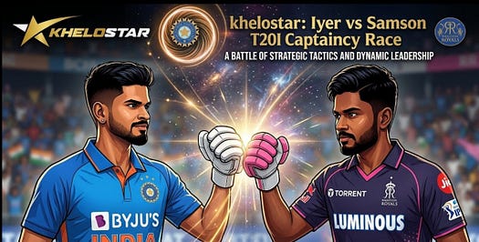 Feature image for the khelostar blog, ‘Iyer vs Samson T20I Captaincy Race’. Shows stylized illustrations of Shreyas Iyer in blue and Sanju Samson in purple, fist-bumping. Sub-title mentions ‘STRATEGIC TACTICS’ and ‘DYNAMIC LEADERSHIP’.