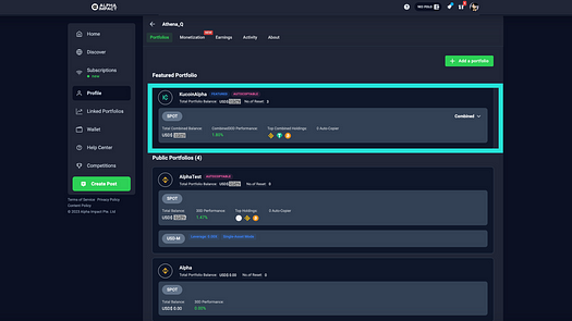 Go to your Alpha Impact Profile under “Portfolios” and click on the portfolio(s) that you want to convert to stablecoins. - image source