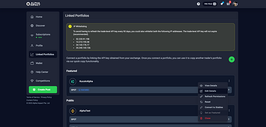 You can access your API permissions by going to the “Linked Portfolios” page and selecting “Edit Details” - image source