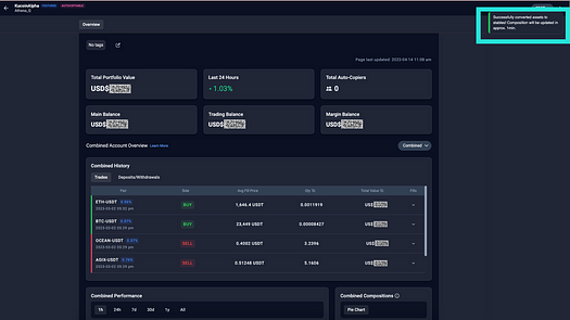 A sliding pop-up appears after confirming your conversion, indicating that your assets have been successfully converted to stablecoins. - image source