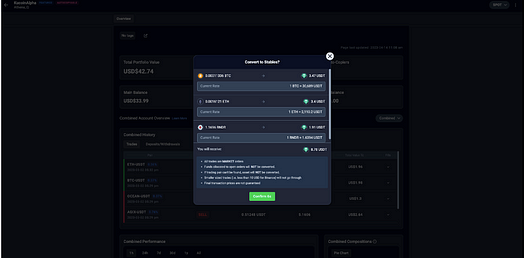 A pop-up appears after selecting the option to convert to stablecoins, showing the current exchange rate for each asset in your portfolio. The exchange rates may change, so it's recommended to refresh after 10 seconds to get the latest quote. - image source