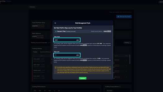 Choose the amount that you would like to set for TP / SL. This amount will be based on how much funds you have in your trading account. - image source