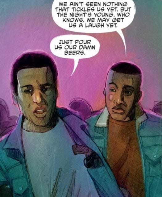 The Ross brothers, from DYING IS EASY #1; art by Martin Simmonds, with color assist from Dee Cunniffe