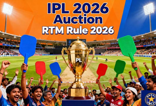 IPL 2026 auction scene with trophy and cheering fans highlighting the RTM Rule, featured in a Funinrace cricket update.