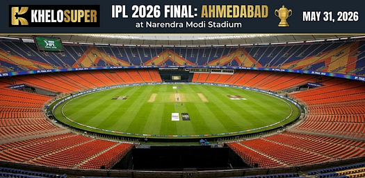 KHELOSUPER branded graphic showing interior of Narendra Modi Stadium, Ahmedabad, with text for “IPL 2026 FINAL” on May 31, 2026.
