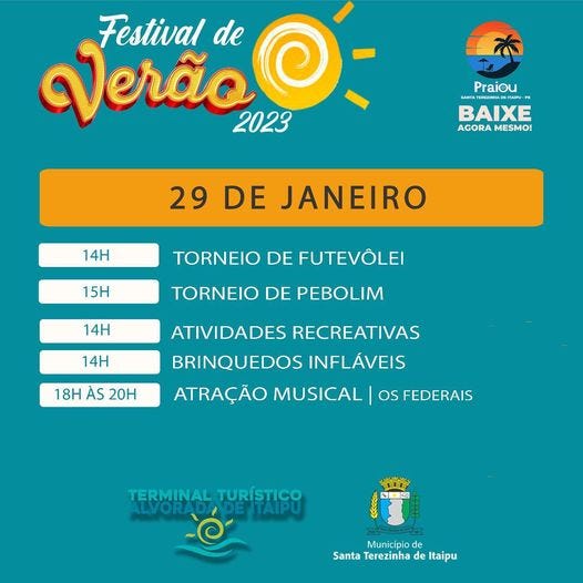 Festival de Verão 2023: Te esperamos neste domingo, dia 29, a partir das 14h, no Terminal Turístico…