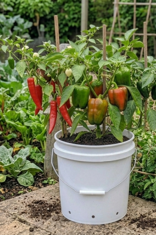 Empty buckets may be used to grow vegetables in the urban setting