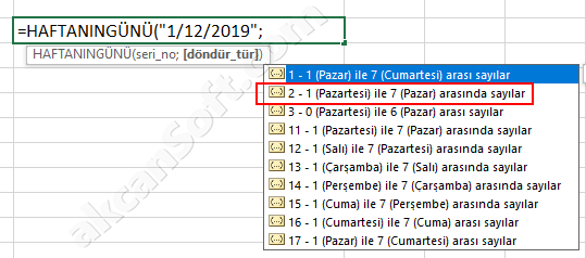 Excel: Haftanın güne göre ayın ilk günü