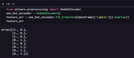 Aplicação do OneHotEncoder(). Observe que aplicamos sobre a coluna “Labels” que é a coluna resultante do LabelEnconder(). O método toarray() auxilia na formatação do resultado do processo. Nosso exemplo possuia 2 classes: ‘T1’ e ‘T2’, veja que o Output do OneHotEncoder() foram duas colunas binárias.