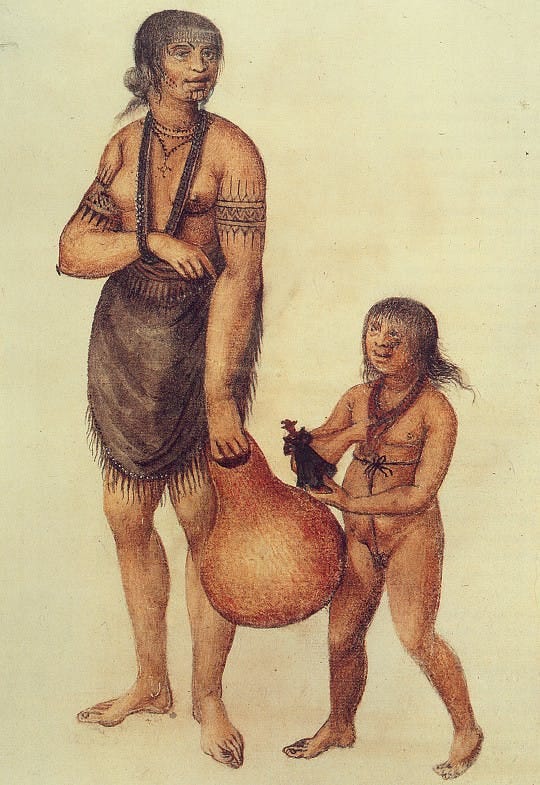 fIG. 1 — John White, “A cheife Herowans wyfe of Pomeoc and her daughter of the age of 8 or 10 years.” (1585) British Museum, London.