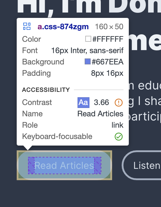 A button with visible tooltip with summary of applied styles.