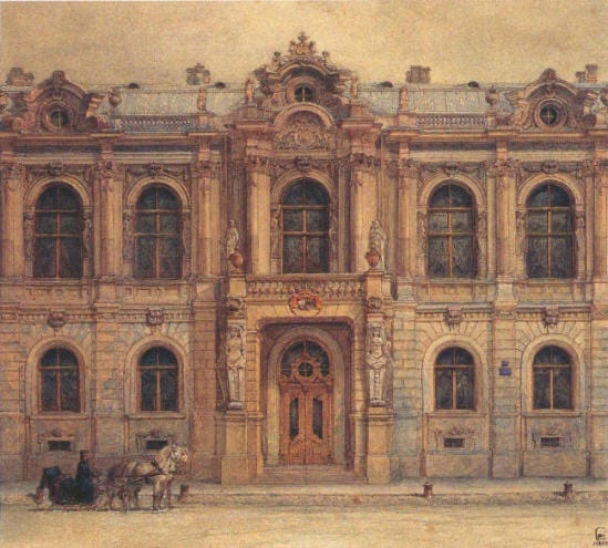 The Mansion of Countess Zinaida Ivanovna Yusupova. Illustration by Vasily Sadovnikov, 1866. — An approximate depiction of the mansion where the ball in Konstantin Danilovich’s story is set.