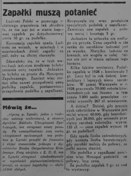 “Zapałki muszą potanieć”