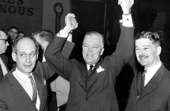 1960 in Québec. The beginning of the Quiet Revolution. On the Left, that corrupt fellow Duplessis who though too much education would go to our heads, and on the Right, the guys who beat him and changed my people’s world. I remember that day very well. Sources: La Renaissance catholique au Canada and La Presse.