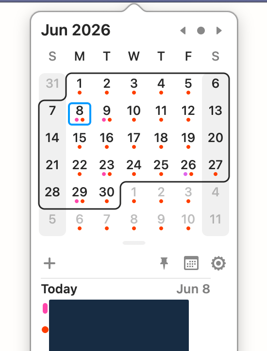 A screenshot of the ItsyCal popup window. Screenshot by author.
