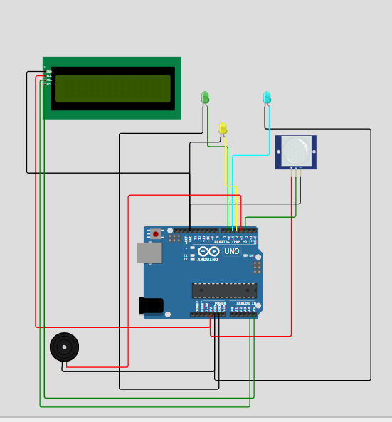 Sistem sensor gerak menggunakan sistem Pir, 2 LED, LCD 12C, Buzzer, dan ...