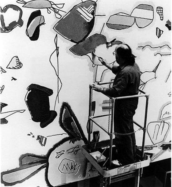 Left: Harold Cohen, AARON KCAT, 2001; Right: Harold Cohen working on his AARON wall mural “Primavera in the Spring”