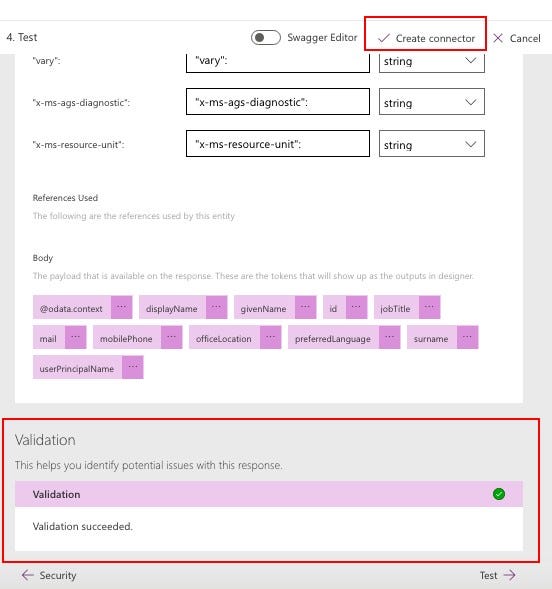 Create custom connector in Power Apps environment, validation done, click create — Cloudatica example