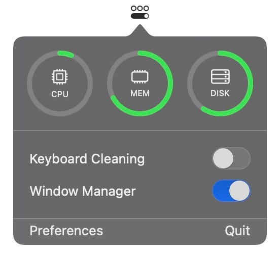 OneMenu showing CPU, Memory, and Disk Usage, Keyboard Cleaning and Window Manager toggles