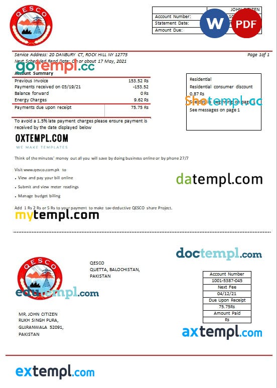 Pakistan Quetta Electric Supply Company electricity utility bill template in Word and PDF format