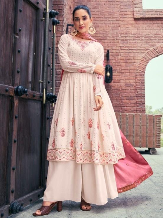 Red Trendy Elementary Designer Readymade Palazzo Suit With Embroidery Work main image 1