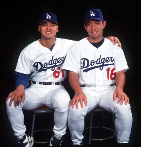 Hideo Nomo records his first K in the Majors 