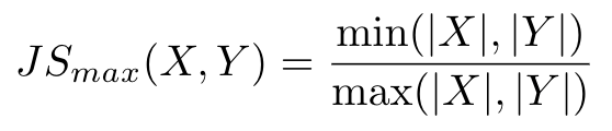 This scenario reflects one set entirely encompassing the other (depicted on the left), where the intersection size is the size of the smaller set, and the union size is the size of the bigger set: